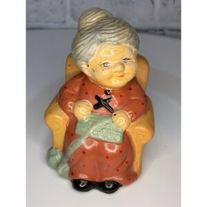 Vintage Chalkware Grandma Coin Bank Granny Reading In Rocking Chair Piggy Bank